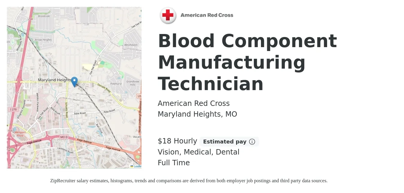 American Red Cross job posting for a Blood Component Manufacturing Technician in Maryland Heights, MO with a salary of $19 Hourly and benefits including dental, life_insurance, medical, retirement, and vision with a map of Maryland Heights location.