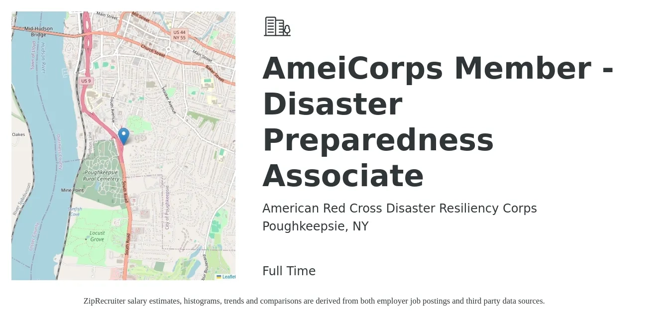 American Red Cross Disaster Resiliency Corps job posting for a AmeiCorps Member - Disaster Preparedness Associate in Poughkeepsie, NY with a salary of $771 to $1,542 Monthly with a map of Poughkeepsie location.