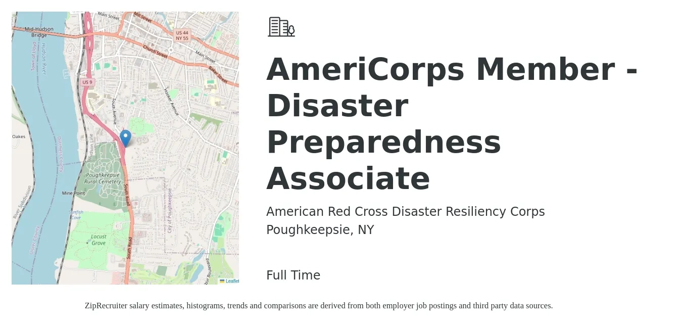 American Red Cross Disaster Resiliency Corps job posting for a AmeriCorps Member - Disaster Preparedness Associate in Poughkeepsie, NY with a salary of $771 to $1,542 Monthly with a map of Poughkeepsie location.