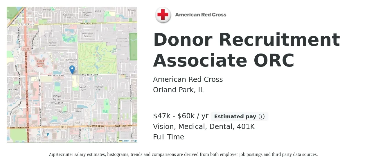 American Red Cross job posting for a Donor Recruitment Associate ORC in Orland Park, IL with a salary of $47,000 to $60,000 Yearly and benefits including 401k, dental, life_insurance, medical, and vision with a map of Orland Park location.