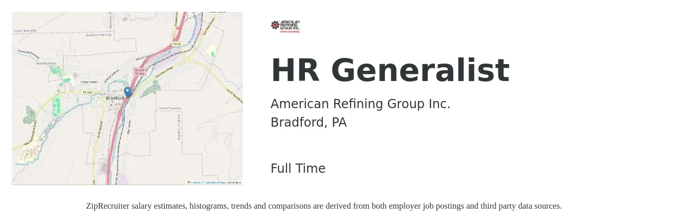 American Refining Group Inc. job posting for a HR Generalist in Bradford, PA with a salary of $43,700 to $62,200 Yearly with a map of Bradford location.