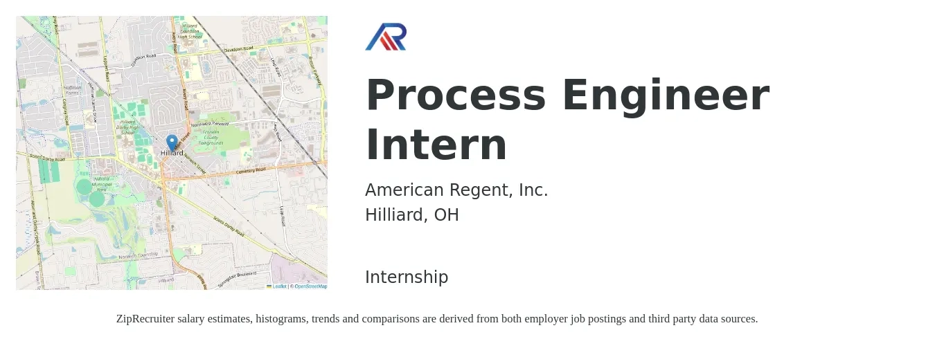 American Regent, Inc. job posting for a Process Engineer Intern in Hilliard, OH with a salary of $18 to $26 Hourly with a map of Hilliard location.