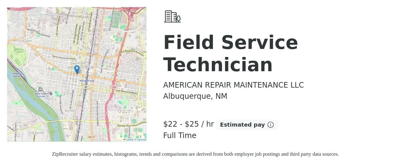 AMERICAN REPAIR MAINTENANCE LLC job posting for a Field Service Technician in Albuquerque, NM with a salary of $23 to $27 Hourly with a map of Albuquerque location.