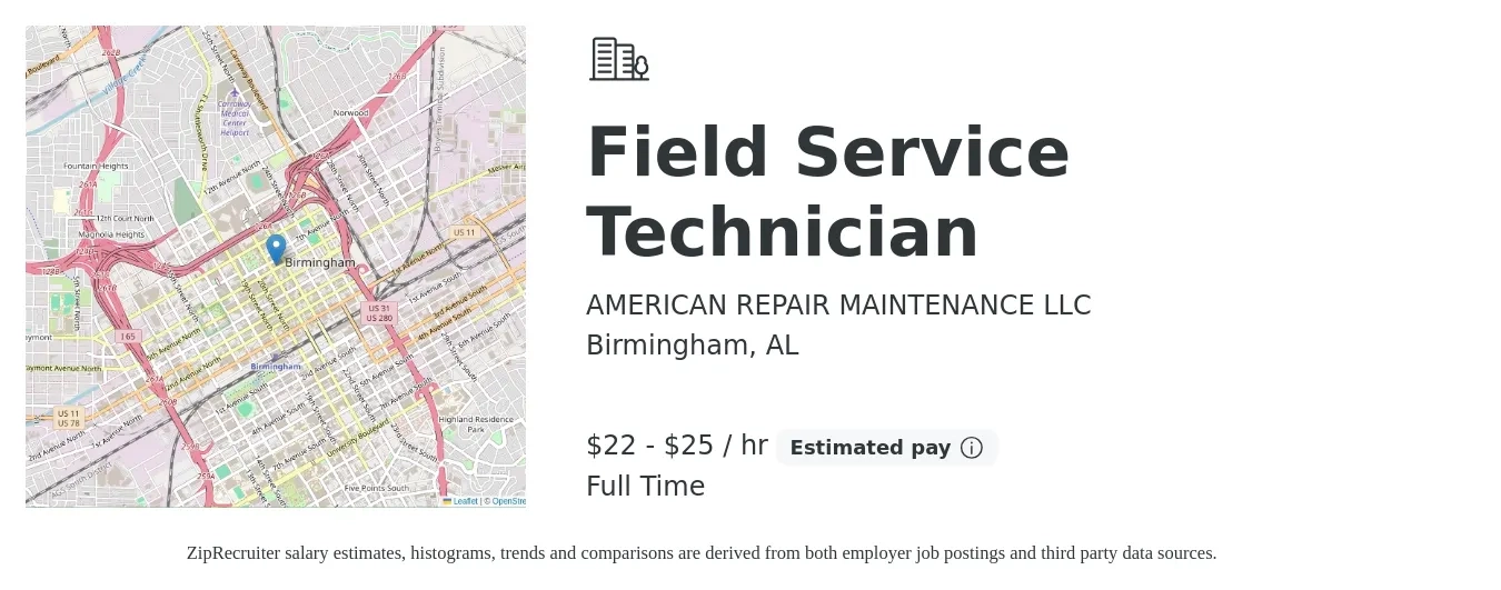 AMERICAN REPAIR MAINTENANCE LLC job posting for a Field Service Technician in Birmingham, AL with a salary of $23 to $27 Hourly with a map of Birmingham location.