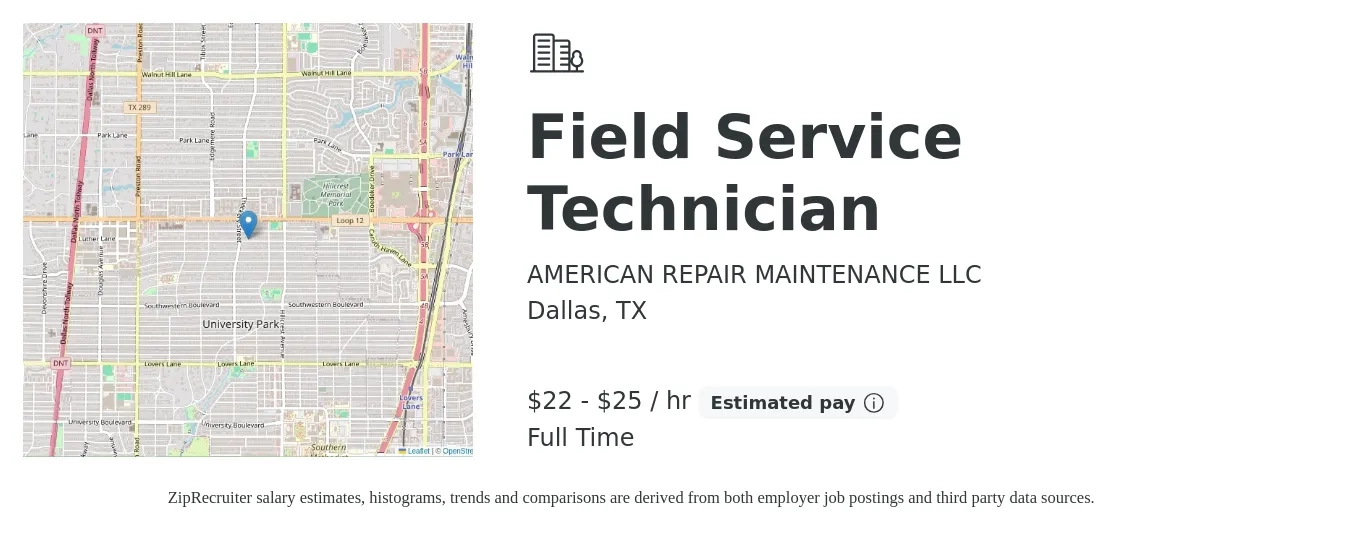 AMERICAN REPAIR MAINTENANCE LLC job posting for a Field Service Technician in Dallas, TX with a salary of $23 to $27 Hourly with a map of Dallas location.