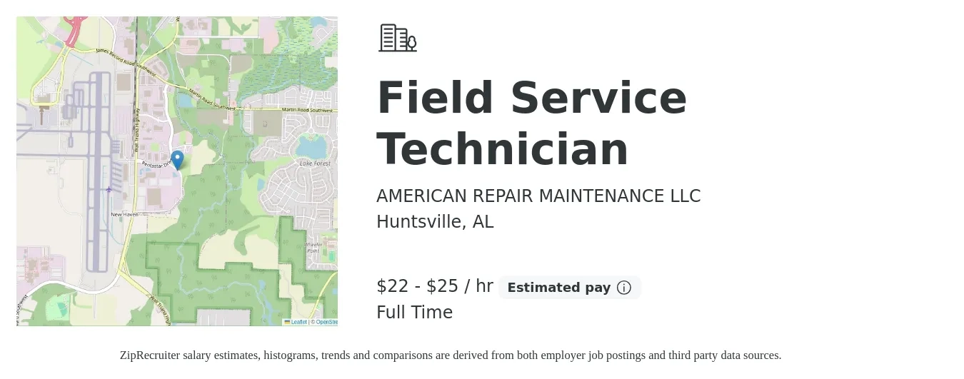 AMERICAN REPAIR MAINTENANCE LLC job posting for a Field Service Technician in Huntsville, AL with a salary of $23 to $27 Hourly with a map of Huntsville location.