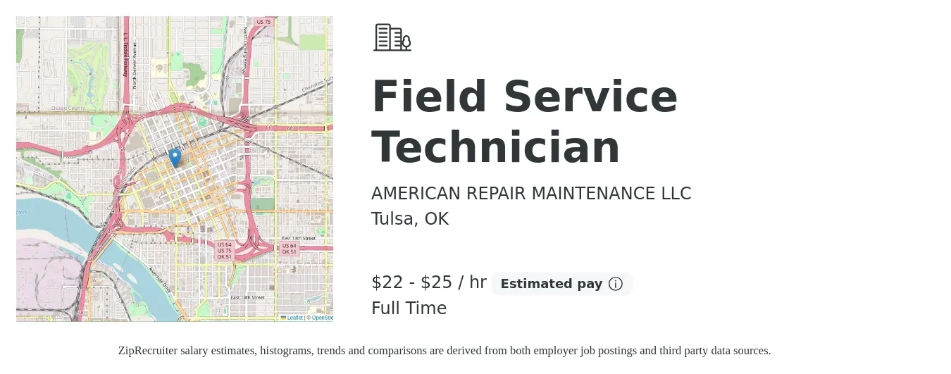 American Repair Maintenance job posting for a Field Service Technician in Tulsa, OK with a salary of $24 to $26 Hourly with a map of Tulsa location.
