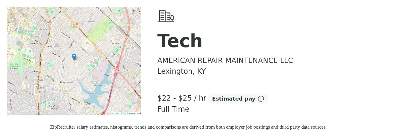 AMERICAN REPAIR MAINTENANCE LLC job posting for a Tech in Lexington, KY with a salary of $23 to $27 Hourly with a map of Lexington location.