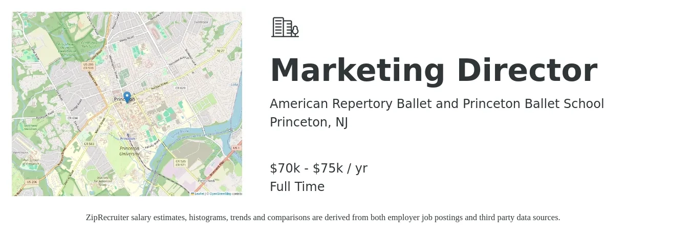 American Repertory Ballet and Princeton Ballet School job posting for a Marketing Director in Princeton, NJ with a salary of $70,000 to $75,000 Yearly with a map of Princeton location.