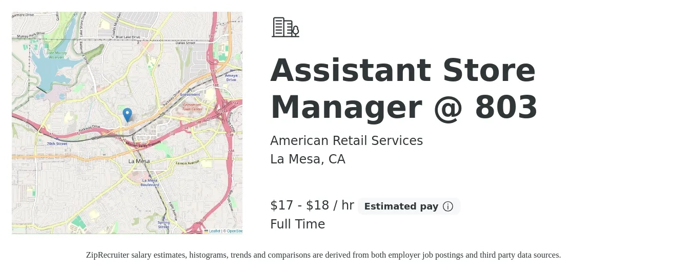 American Retail Services job posting for a Assistant Store Manager @ 803 in La Mesa, CA with a salary of $18 to $20 Hourly with a map of La Mesa location.