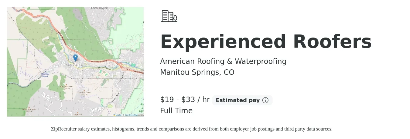 American Roofing & Waterproofing job posting for a Experienced Roofers in Manitou Springs, CO with a salary of $19 to $26 Hourly with a map of Manitou Springs location.