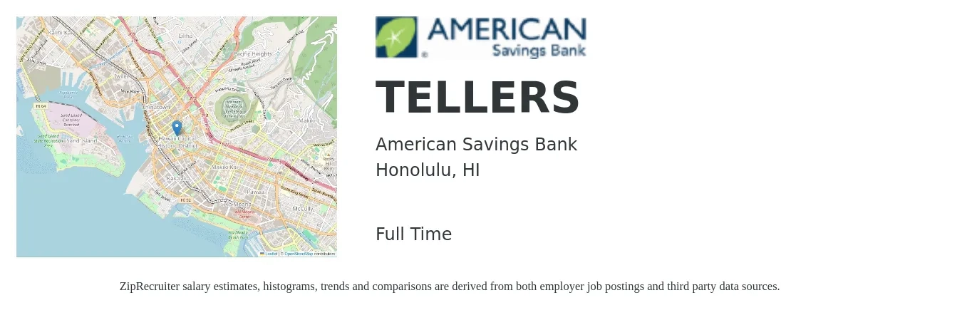 American Savings Bank job posting for a TELLERS in Honolulu, HI with a salary of $16 to $20 Hourly with a map of Honolulu location.