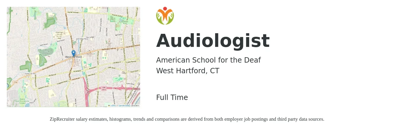 American School for the Deaf job posting for a Audiologist in West Hartford, CT with a salary of $71,700 to $100,200 Yearly with a map of West Hartford location.