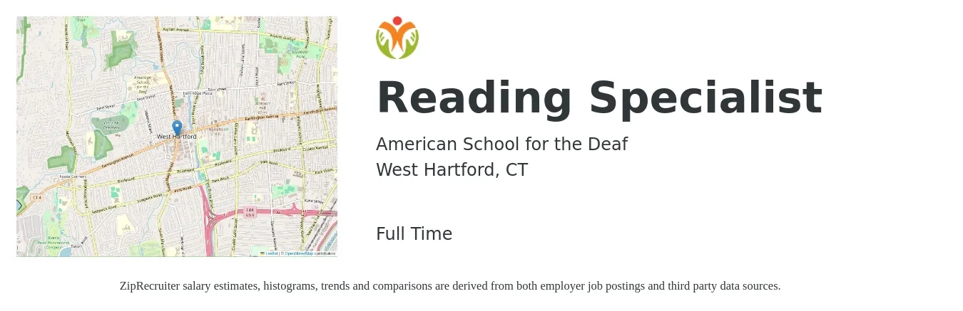 American School for the Deaf job posting for a Reading Specialist in West Hartford, CT with a salary of $47,800 to $69,700 Yearly with a map of West Hartford location.