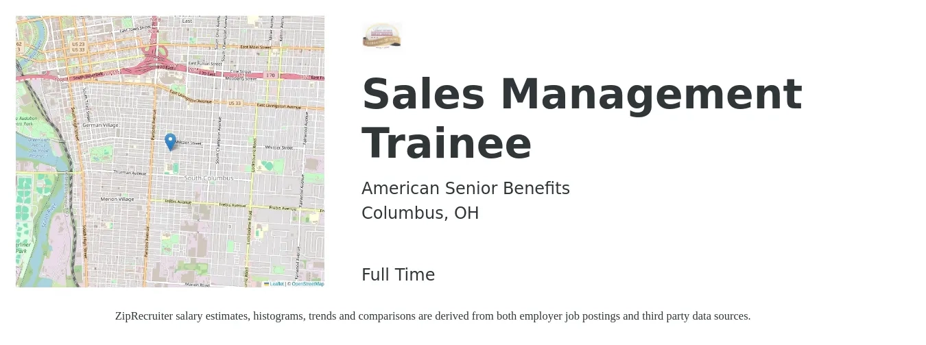 American Senior Benefits job posting for a Sales Management Trainee in Columbus, OH with a salary of $16 to $24 Hourly with a map of Columbus location.