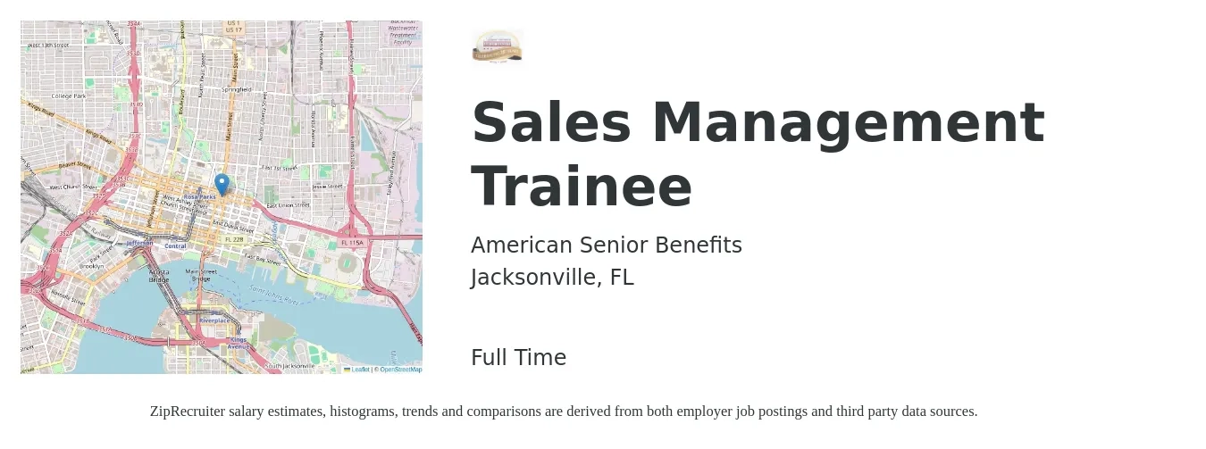 American Senior Benefits job posting for a Sales Management Trainee in Jacksonville, FL with a salary of $14 to $23 Hourly with a map of Jacksonville location.