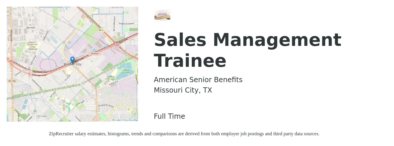 American Senior Benefits job posting for a Sales Management Trainee in Missouri City, TX with a salary of $14 to $22 Hourly with a map of Missouri City location.