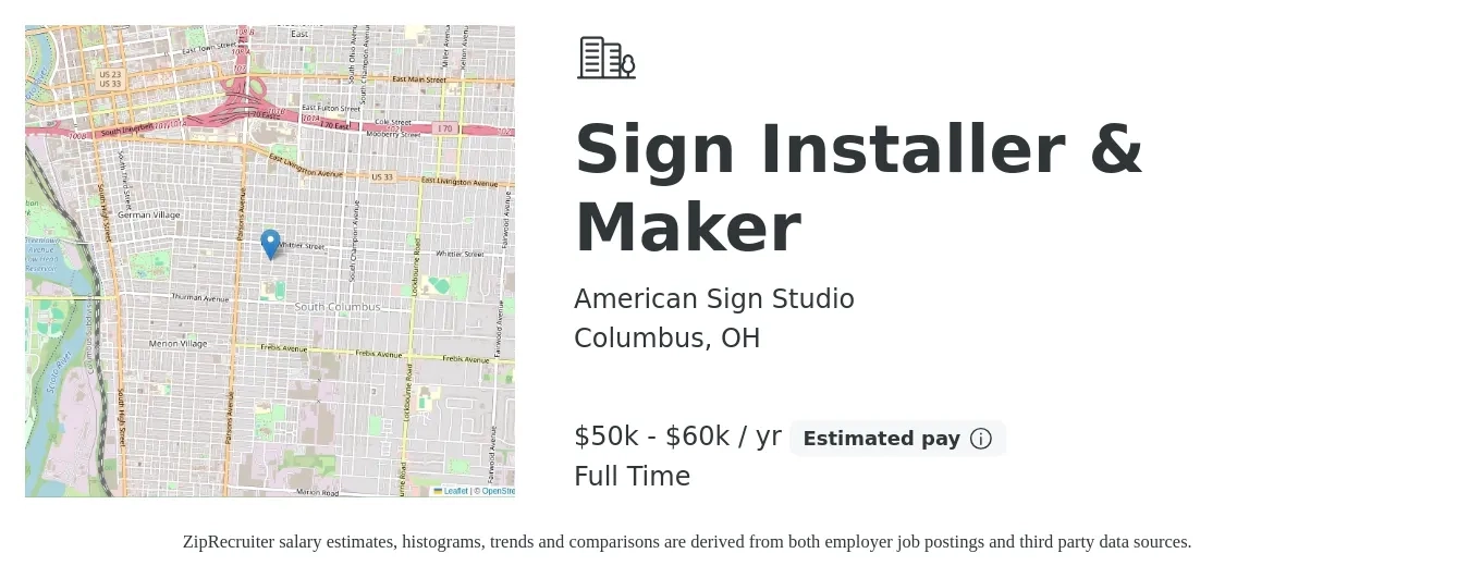 American Sign Studio job posting for a Sign Installer & Maker in Columbus, OH with a salary of $50,000 to $60,000 Yearly with a map of Columbus location.