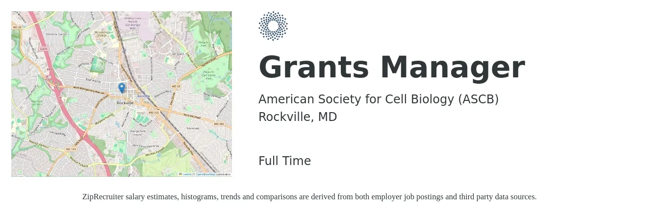 American Society for Cell Biology (ASCB) job posting for a Grants Manager in Rockville, MD with a salary of $63,200 to $87,700 Yearly with a map of Rockville location.