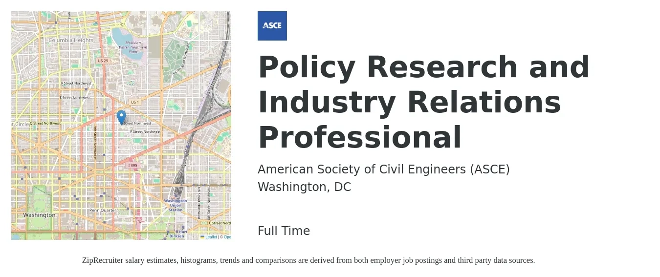 American Society of Civil Engineers (ASCE) job posting for a Policy Research and Industry Relations Professional in Washington, DC with a salary of $88,300 to $152,900 Yearly with a map of Washington location.