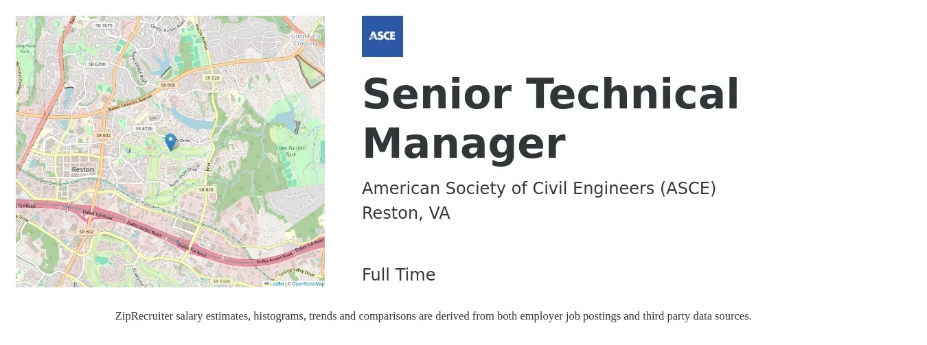 American Society of Civil Engineers (ASCE) job posting for a Senior Technical Manager in Reston, VA with a salary of $120,000 to $165,400 Yearly with a map of Reston location.