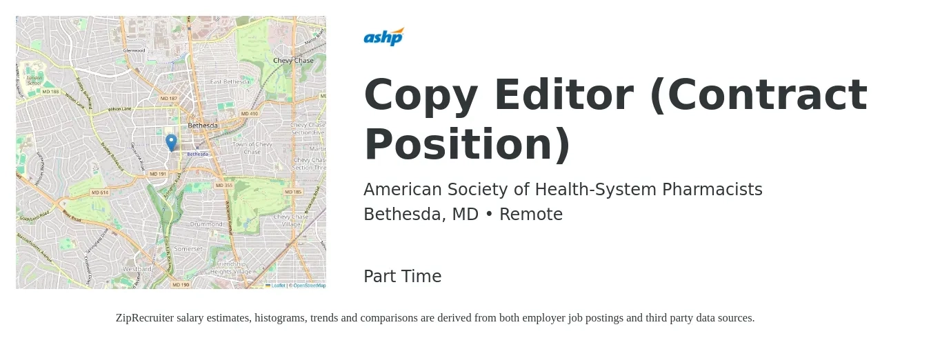 American Society of Health-System Pharmacists job posting for a Copy Editor (Contract Position) in Bethesda, MD with a salary of $24 to $36 Hourly with a map of Bethesda location.
