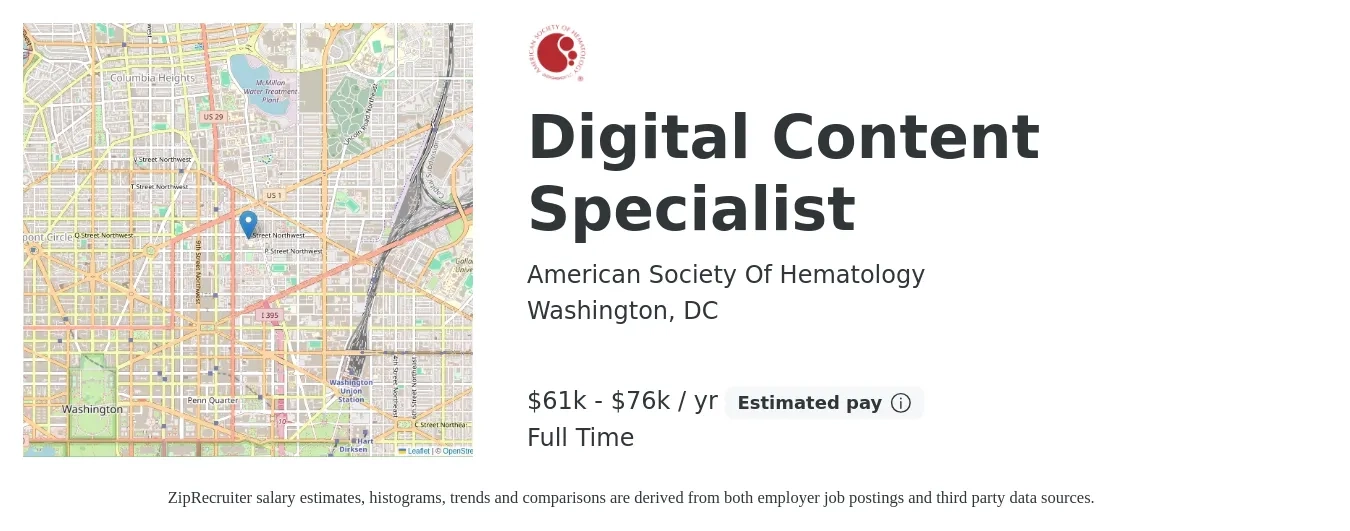 American Society Of Hematology job posting for a Digital Content Specialist in Washington, DC with a salary of $61,300 to $76,600 Yearly with a map of Washington location.