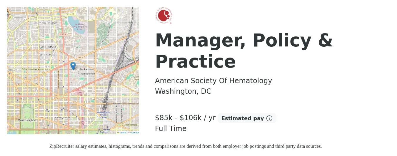 American Society Of Hematology job posting for a Manager, Policy & Practice in Washington, DC with a salary of $85,200 to $106,500 Yearly with a map of Washington location.