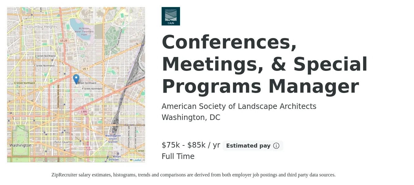 American Society of Landscape Architects job posting for a Conferences, Meetings, & Special Programs Manager in Washington, DC with a salary of $75,000 to $85,000 Yearly with a map of Washington location.