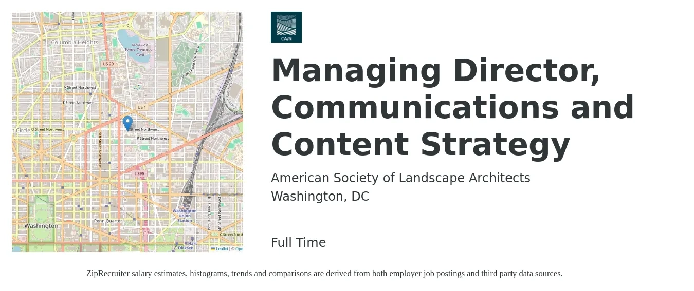 American Society of Landscape Architects job posting for a Managing Director, Communications and Content Strategy in Washington, DC with a salary of $83,500 to $142,200 Yearly with a map of Washington location.