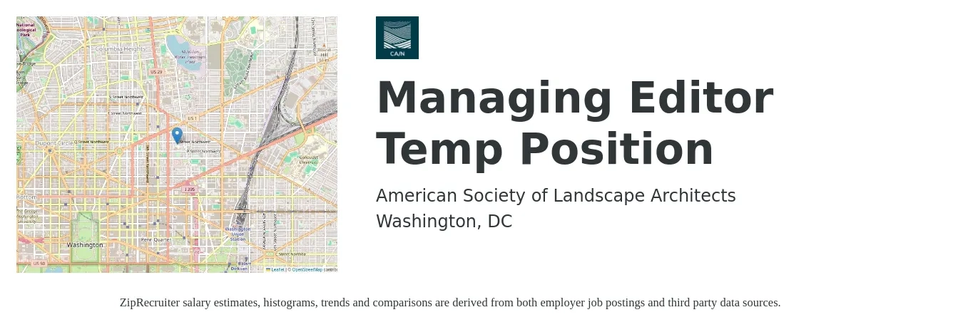 American Society of Landscape Architects job posting for a Managing Editor Temp Position in Washington, DC with a salary of $56,000 to $106,400 Yearly with a map of Washington location.