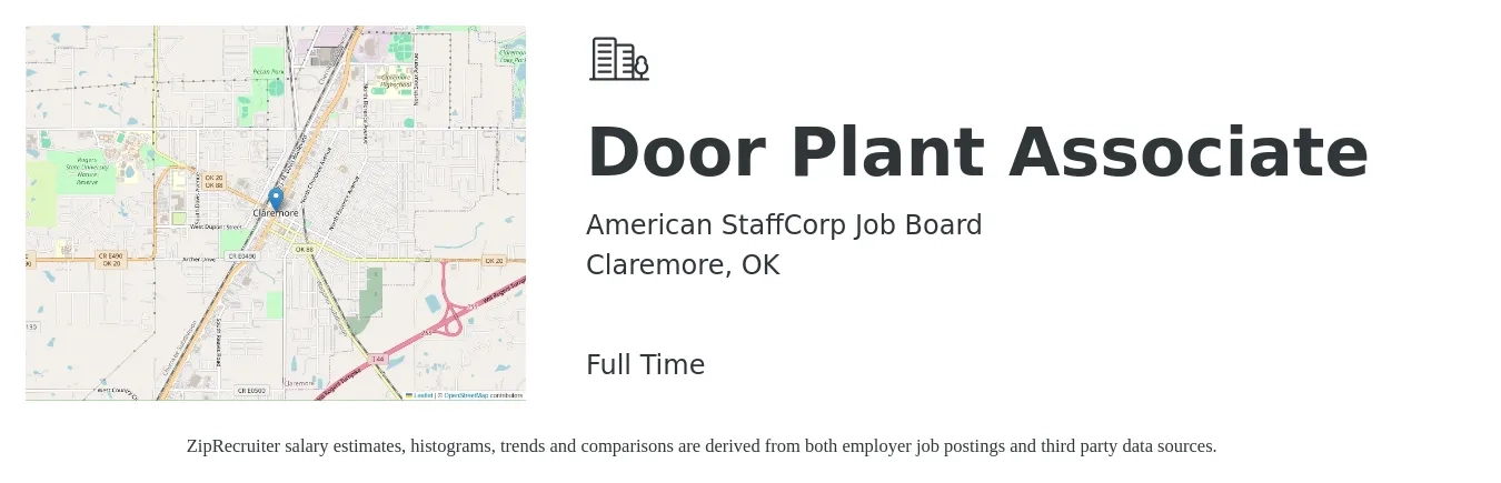 American StaffCorp Job Board job posting for a Door Plant Associate in Claremore, OK with a salary of $14 to $20 Hourly with a map of Claremore location.