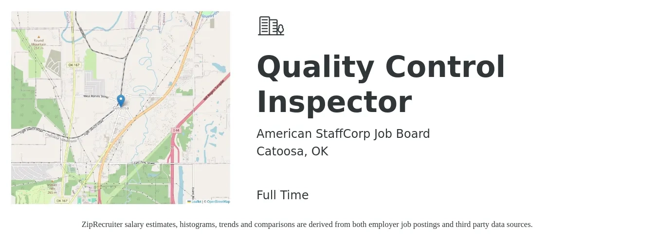American StaffCorp Job Board job posting for a Quality Control Inspector in Catoosa, OK with a salary of $22 Hourly with a map of Catoosa location.