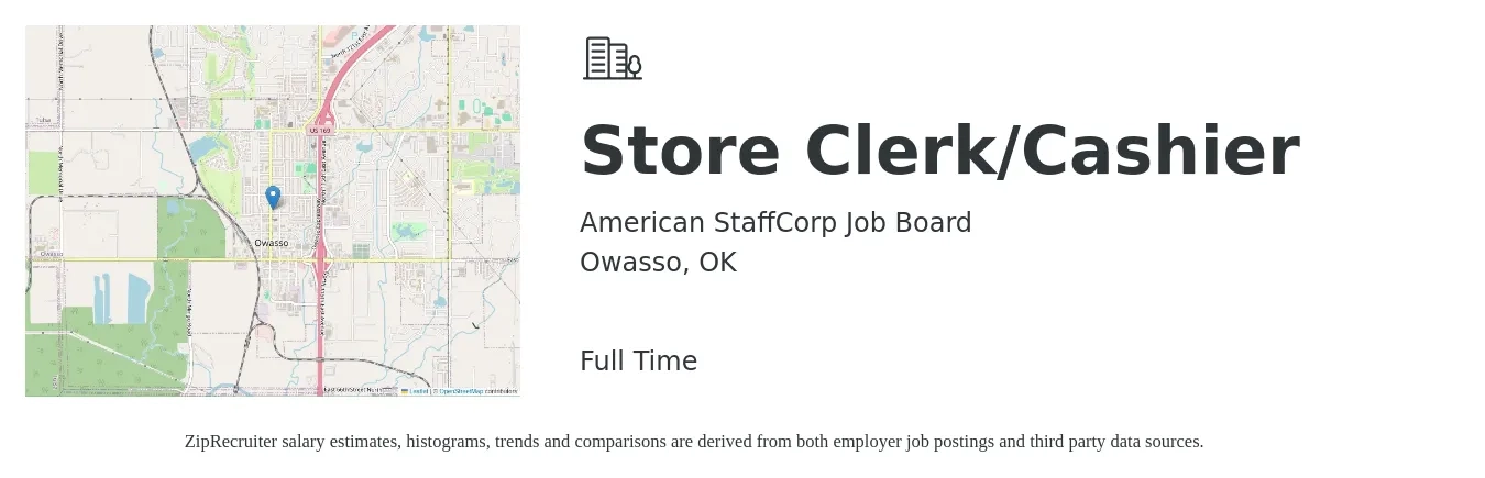 American StaffCorp Job Board job posting for a Store Clerk/Cashier in Owasso, OK with a salary of $12 to $15 Hourly with a map of Owasso location.