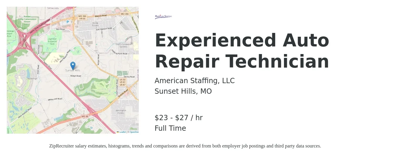 American Staffing, LLC job posting for a Experienced Auto Repair Technician in Sunset Hills, MO with a salary of $24 to $29 Hourly with a map of Sunset Hills location.