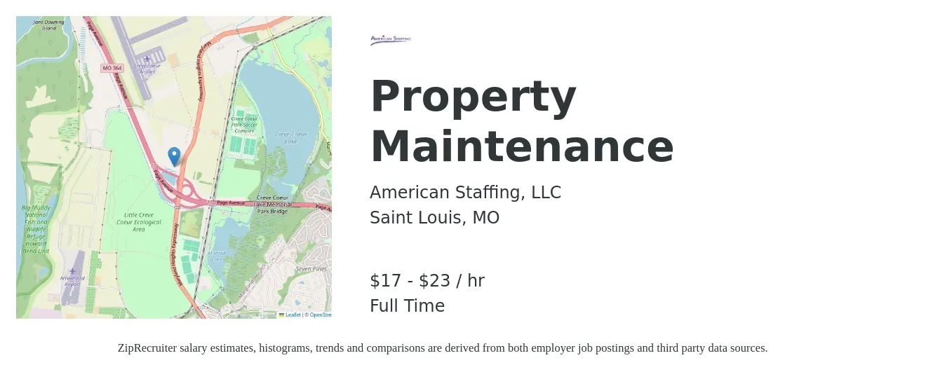American Staffing, LLC job posting for a Property Maintenance in Saint Louis, MO with a salary of $18 to $24 Hourly with a map of Saint Louis location.