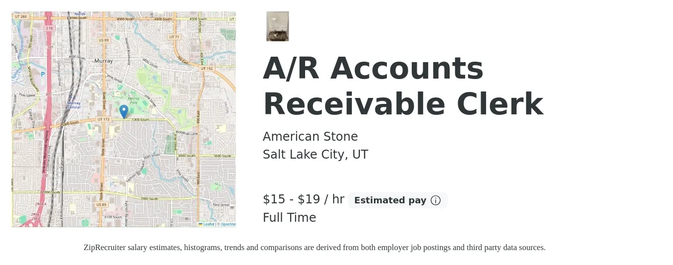 American Stone job posting for a A/R Accounts Receivable Clerk in Salt Lake City, UT with a salary of $16 to $20 Hourly with a map of Salt Lake City location.