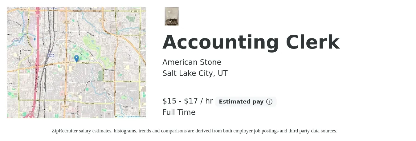 American Stone job posting for a Accounting Clerk in Salt Lake City, UT with a salary of $16 to $18 Hourly with a map of Salt Lake City location.