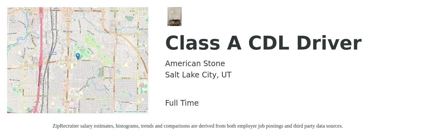 American Stone job posting for a Class A CDL Driver in Salt Lake City, UT with a salary of $28 Hourly with a map of Salt Lake City location.