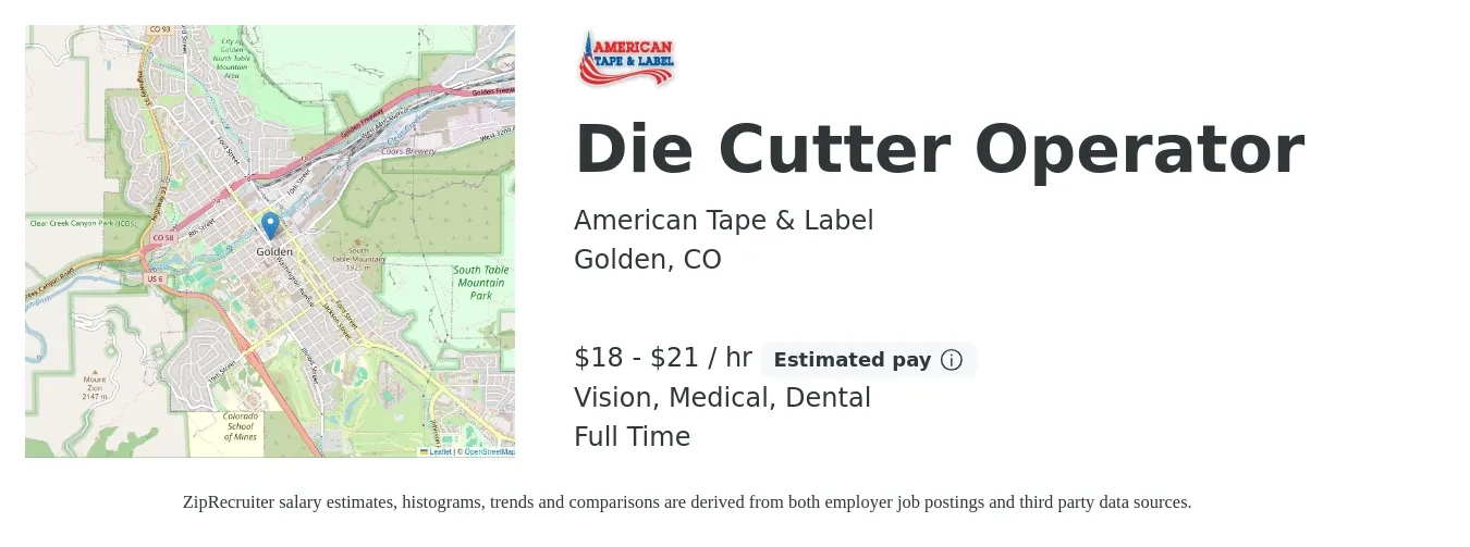 American Tape & Label job posting for a Die Cutter Operator in Golden, CO with a salary of $19 to $22 Hourly and benefits including life_insurance, medical, pto, retirement, vision, and dental with a map of Golden location.
