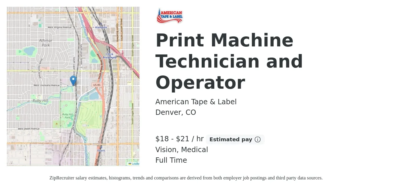 American Tape & Label job posting for a Print Machine Technician and Operator in Denver, CO with a salary of $19 to $22 Hourly and benefits including retirement, vision, life_insurance, medical, and pto with a map of Denver location.