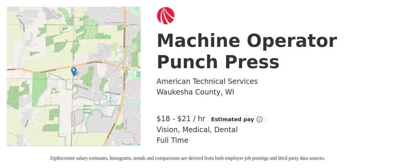 American Technical Services job posting for a Machine Operator Punch Press in Waukesha County, WI with a salary of $19 to $22 Hourly and benefits including dental, life_insurance, medical, retirement, and vision with a map of Waukesha County location.