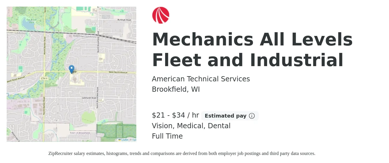 American Technical Services job posting for a Mechanics All Levels Fleet and Industrial in Brookfield, WI with a salary of $22 to $36 Hourly and benefits including dental, medical, and vision with a map of Brookfield location.