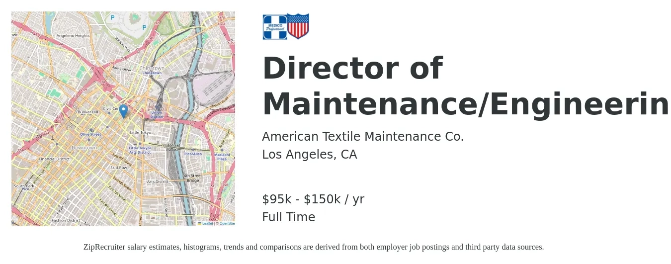 American Textile Maintenance Co. job posting for a Director of Maintenance/Engineering in Los Angeles, CA with a salary of $95,000 to $150,000 Yearly with a map of Los Angeles location.