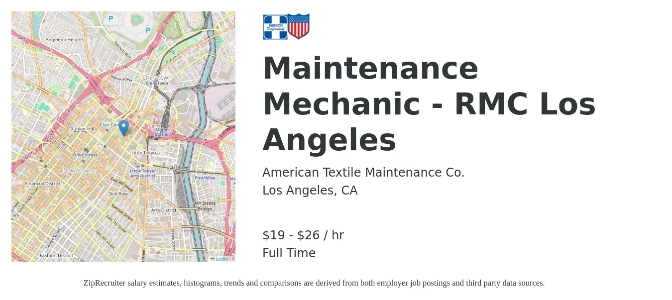 American Textile Maintenance Co. job posting for a Maintenance Mechanic - RMC Los Angeles in Los Angeles, CA with a salary of $20 to $28 Hourly with a map of Los Angeles location.