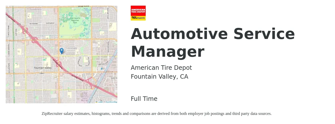 American Tire Depot job posting for a Automotive Service Manager in Fountain Valley, CA with a salary of $61,400 to $88,900 Yearly with a map of Fountain Valley location.