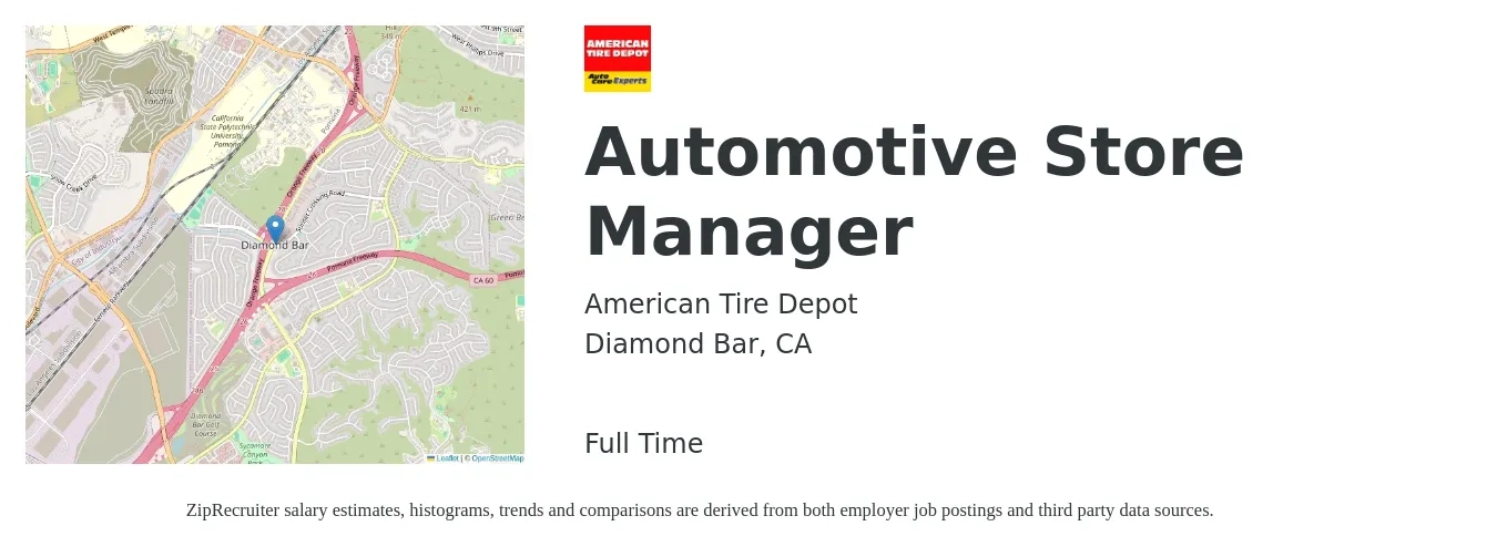 American Tire Depot job posting for a Automotive Store Manager in Diamond Bar, CA with a salary of $75,000 to $140,000 Yearly with a map of Diamond Bar location.