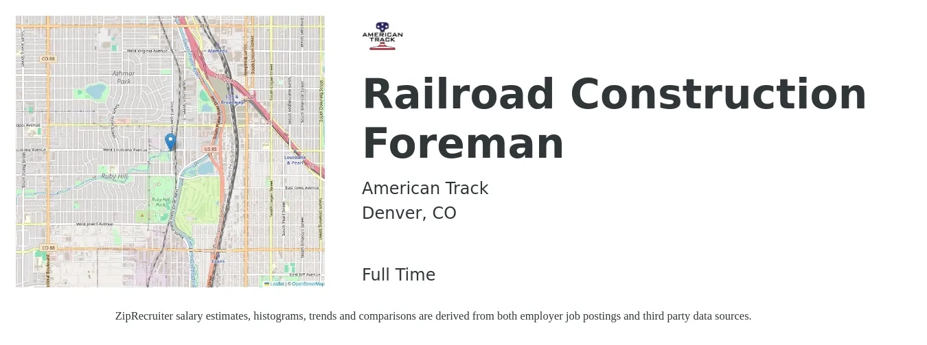 American Track job posting for a Railroad Construction Foreman in Denver, CO with a salary of $74,000 to $120,400 Yearly with a map of Denver location.