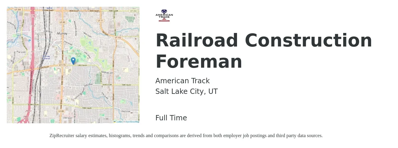 American Track job posting for a Railroad Construction Foreman in Salt Lake City, UT with a salary of $68,100 to $110,800 Yearly with a map of Salt Lake City location.