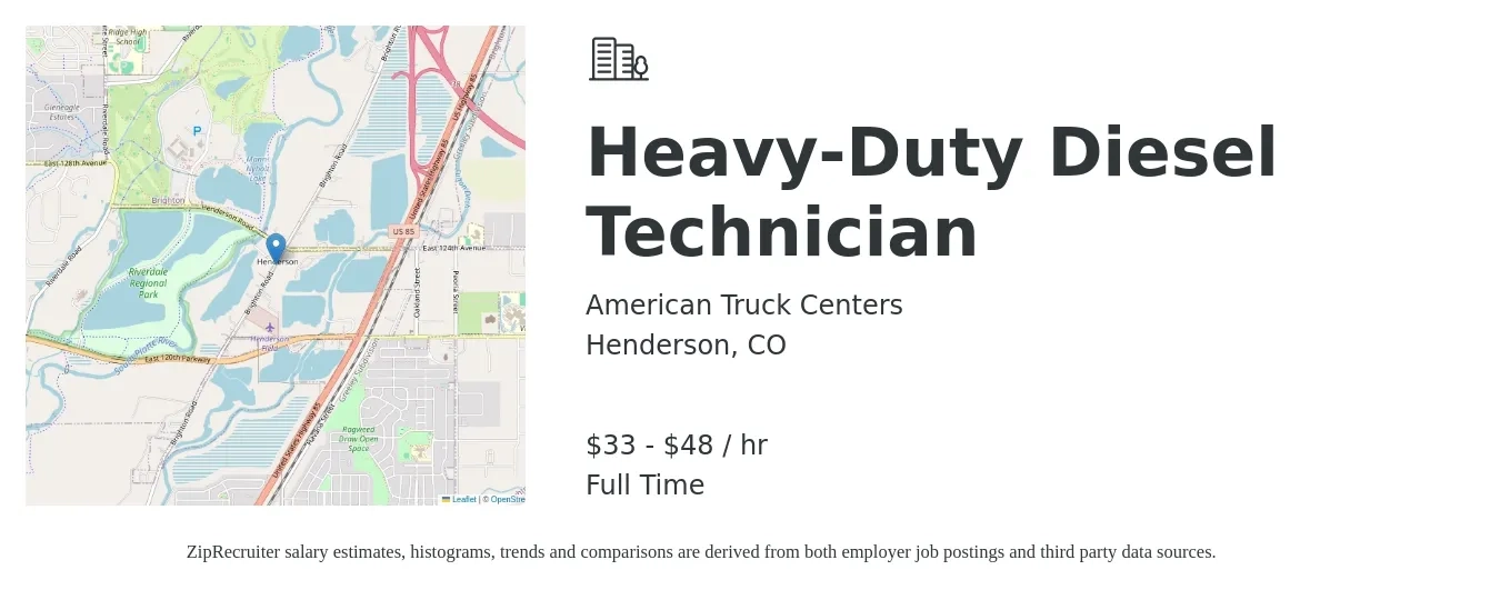American Truck Centers job posting for a Heavy-Duty Diesel Technician in Henderson, CO with a salary of $35 to $50 Hourly with a map of Henderson location.